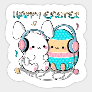 Cute bunny and big colorful egg. Happy easter illustration Sticker